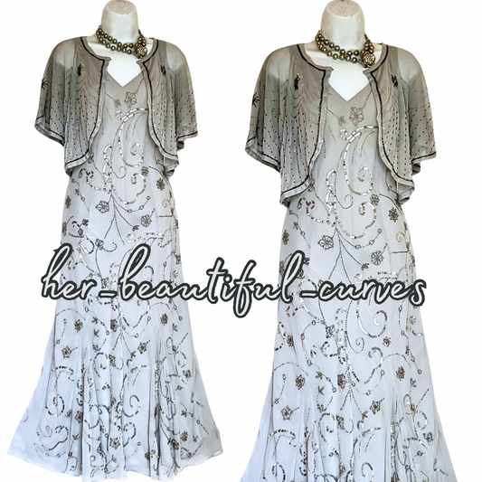 BERKERTEX SEQUINED BEADED EMBELLISHED WEDDING OCCASION DRESS & BOLERO SIZE 16