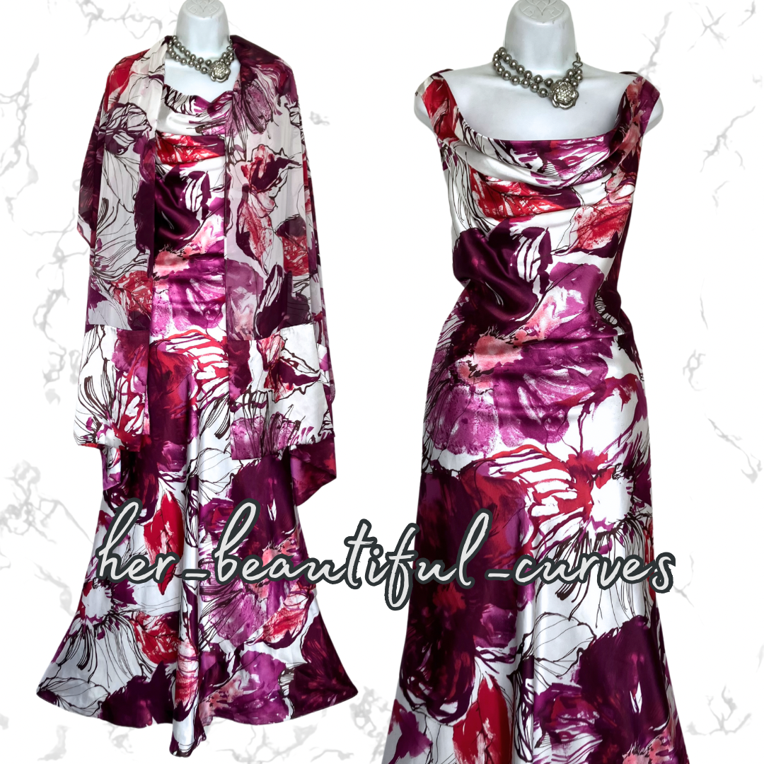 ANN HARVEY FLORAL MAXI WEDDING OCCASION PARTY DRESS SIZE 18 with matching shawl