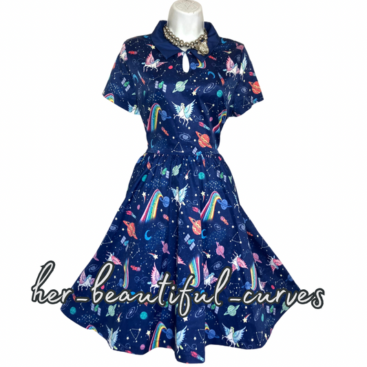 LINDY BOP SPACE UNICORN PRINT VINTAGE STYLE PARTY DRESS SIZE 14