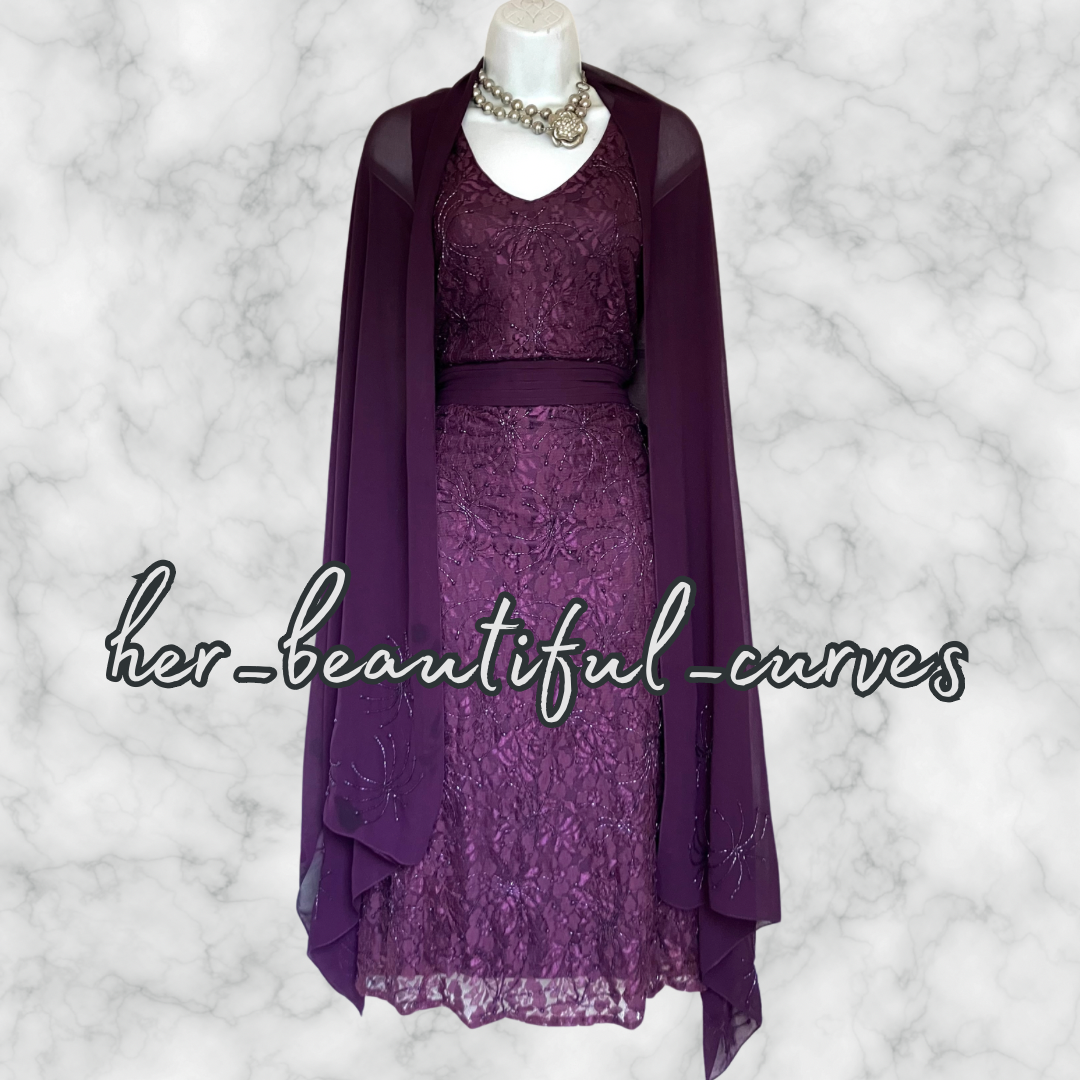 BERKERTEX EMBROIDERED LACE BEADED OCCASION PARTY DRESS & MATCHING SHAWL SIZE 16