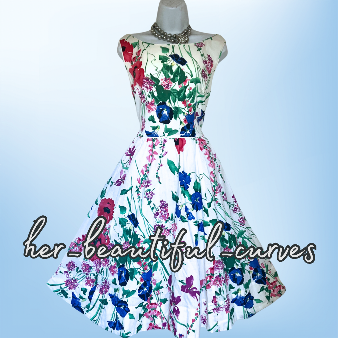 MONSOON FLORAL PRINT 50s FIT & FLARE WEDDING OCCASION PARTY DRESS SIZE 18
