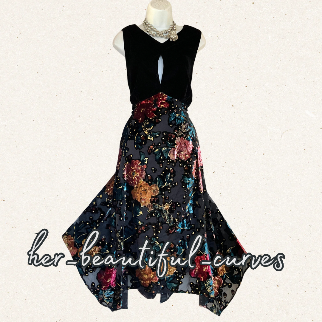 MONSOON VELVET JACQUARD FLORAL HANDKERCHIEF HEM OCCASION PARTY DRESS SIZE 20