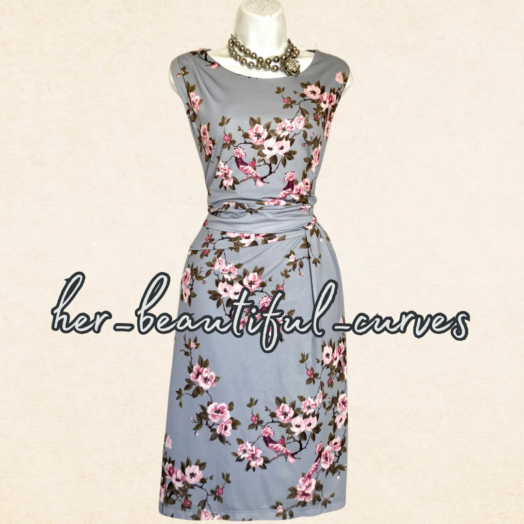 LAURA ASHLEY BIRDS & FLORAL JERSEY WEDDING OCCASION PARTY DRESS SIZE 16