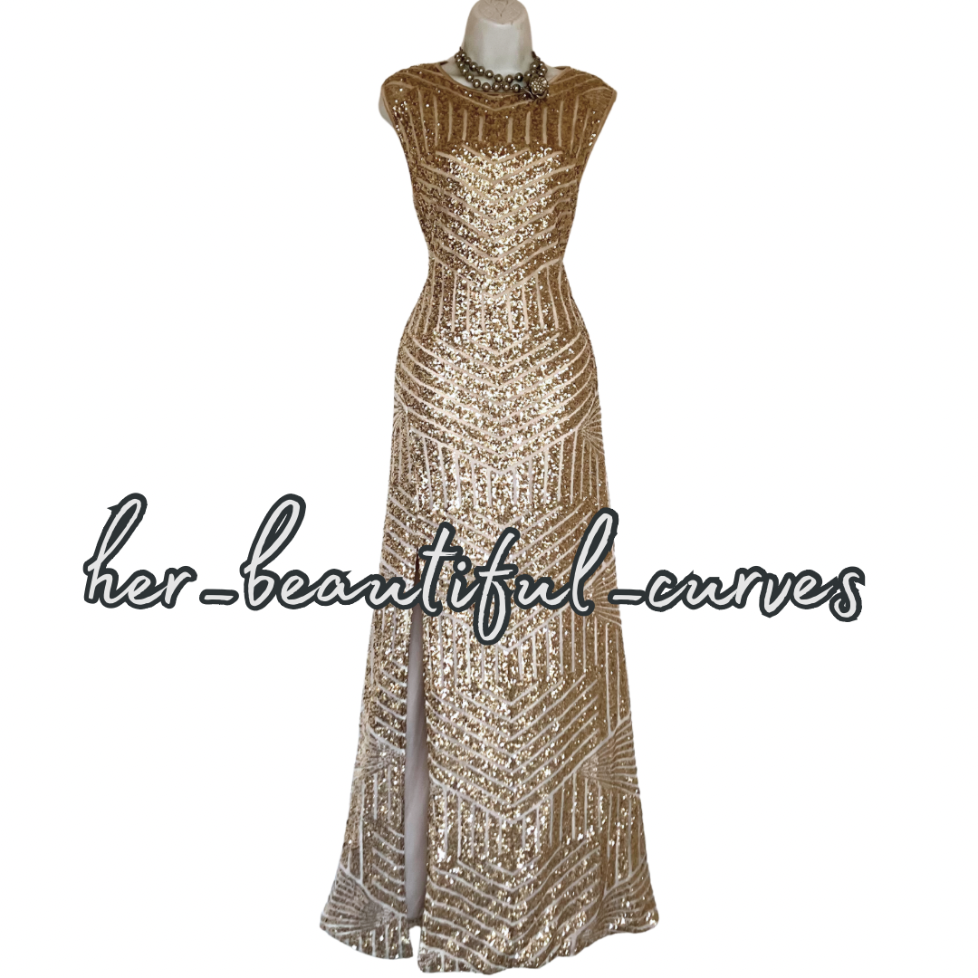 QUIZ SHIMMERING GOLD SEQUINS MAXI EVENING OCCASION PARTY DRESS SIZE 18 fits 16