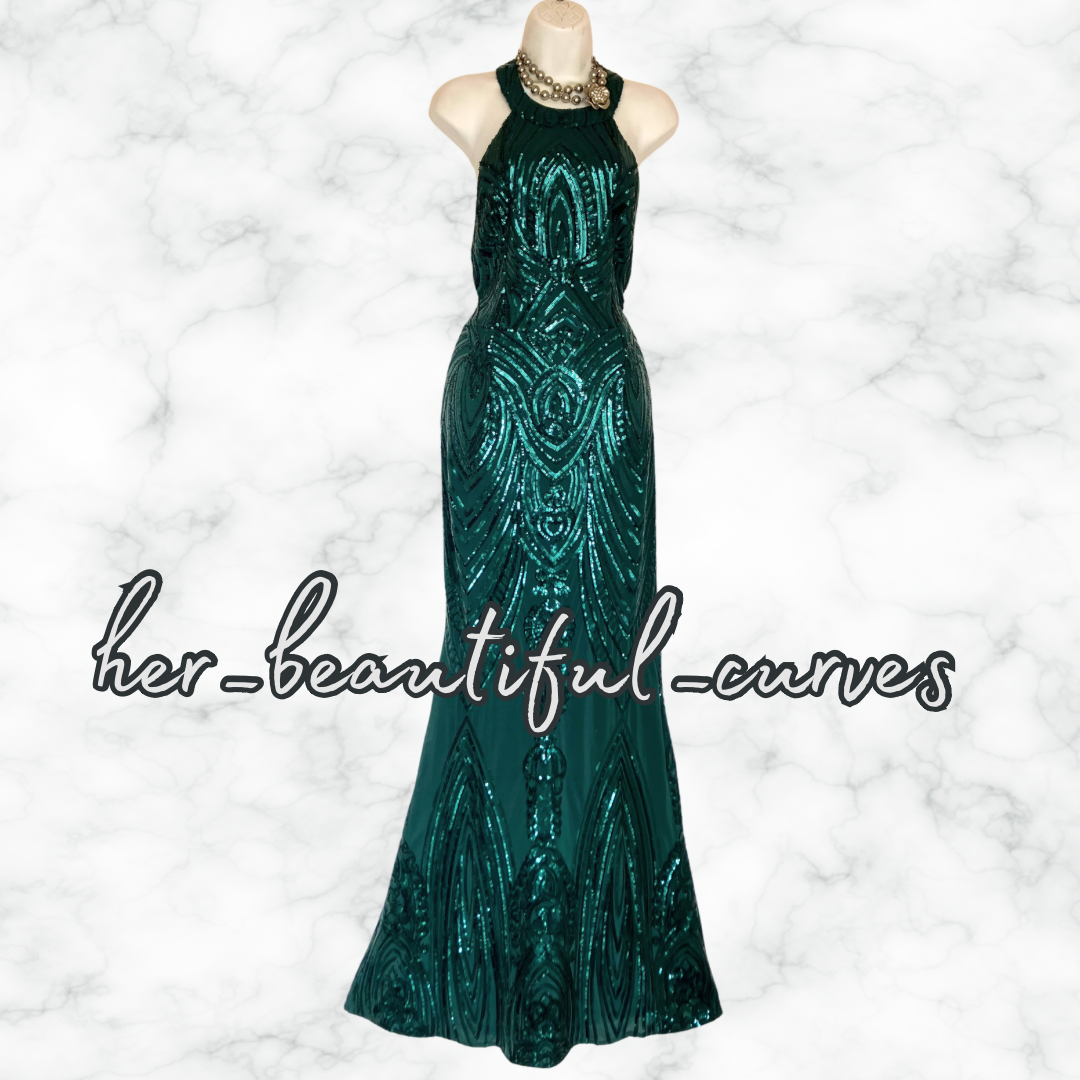 QUIZ GREEN SEQUINS FLOOR LENGTH WEDDING OCCASION EVENING PARTY DRESS SIZE 14