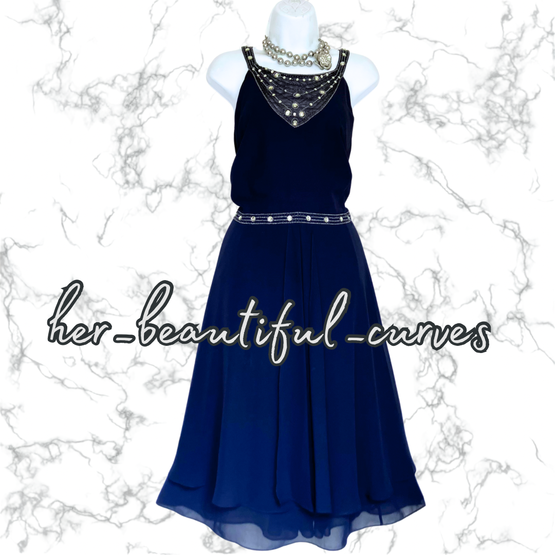 MONSOON BEADED NAVY OCCASION PARTY DRESS SIZE 22