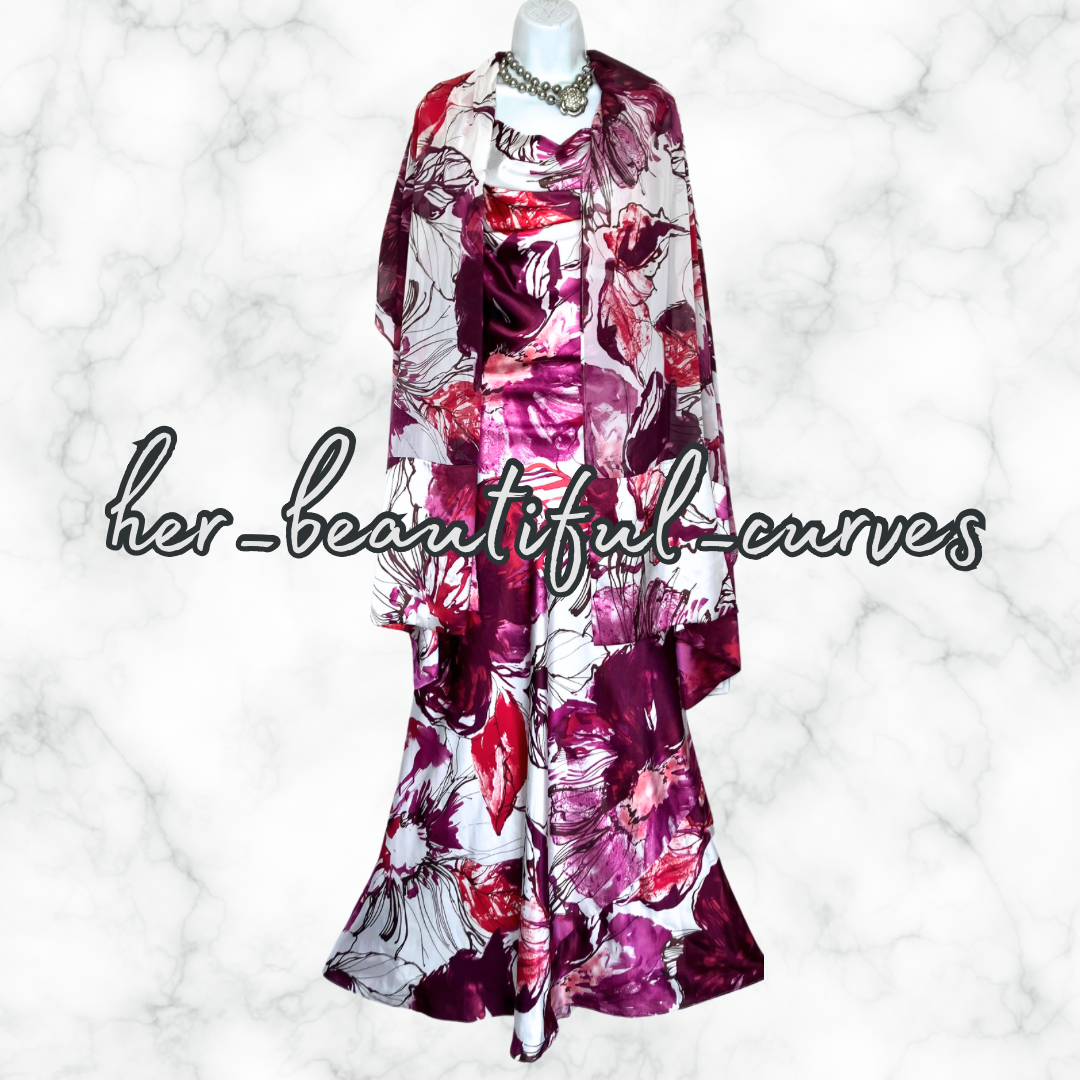 ANN HARVEY FLORAL MAXI WEDDING OCCASION PARTY DRESS SIZE 18 with matching shawl