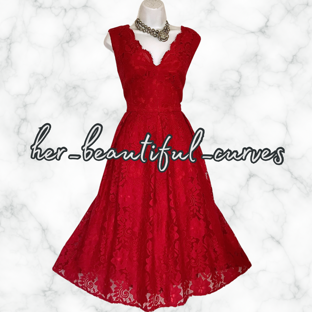 EXQUISITE JOLIE MOI RED APPLIQUÉ BLOOMS 50's STYLE FLARED PARTY DRESS SIZE 18