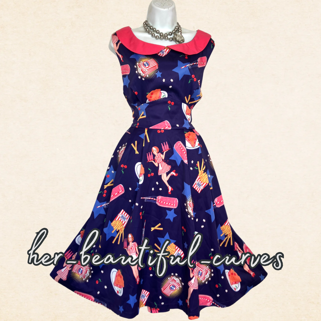 LINDY BOP CUTE DINER THEME PATTERN WEDDING OCCASION PARTY DRESS SIZE 16