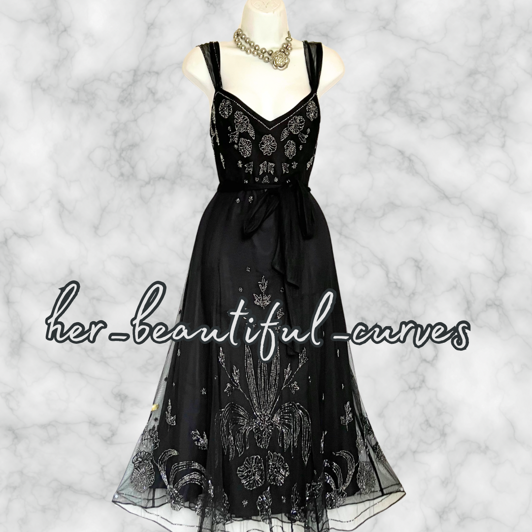 LADIES BLACK BEADED EMBELLISHED OCCASION PARTY DRESS & BOLERO SIZE 16