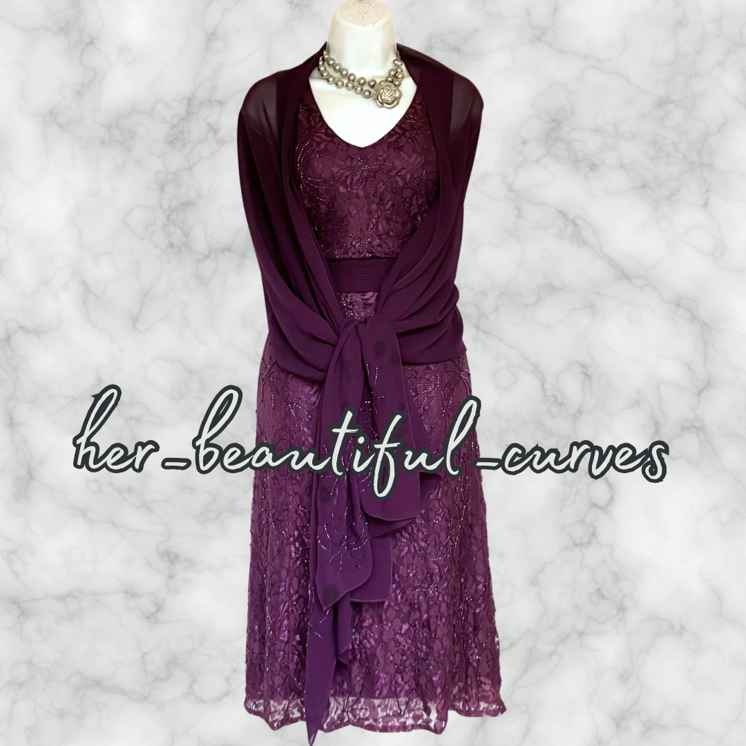 BERKERTEX EMBROIDERED LACE BEADED OCCASION PARTY DRESS & MATCHING SHAWL SIZE 16