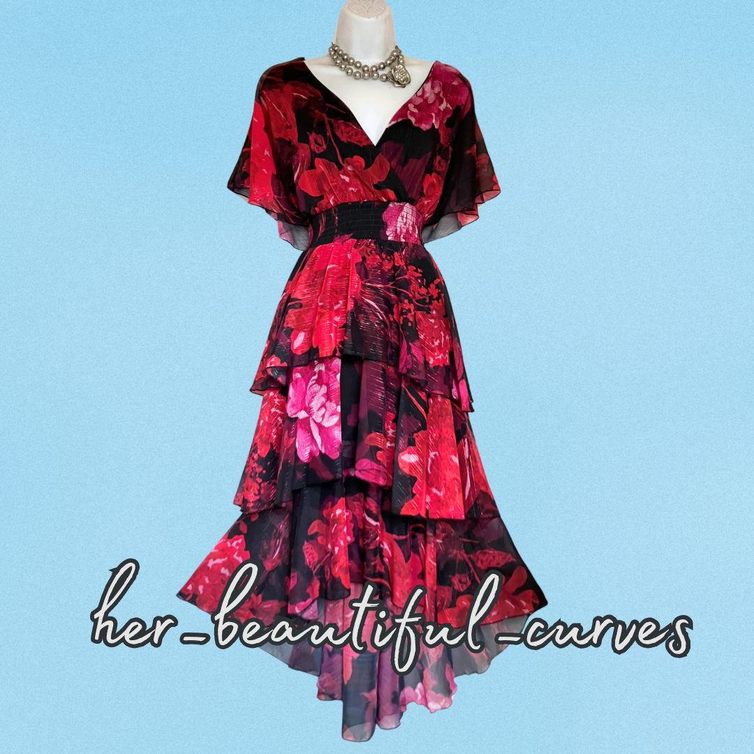 QUIZ FLORAL PRINT SHIMMERING THREADS TIERED WEDDING OCCASION PARTY DRESS SIZE 18