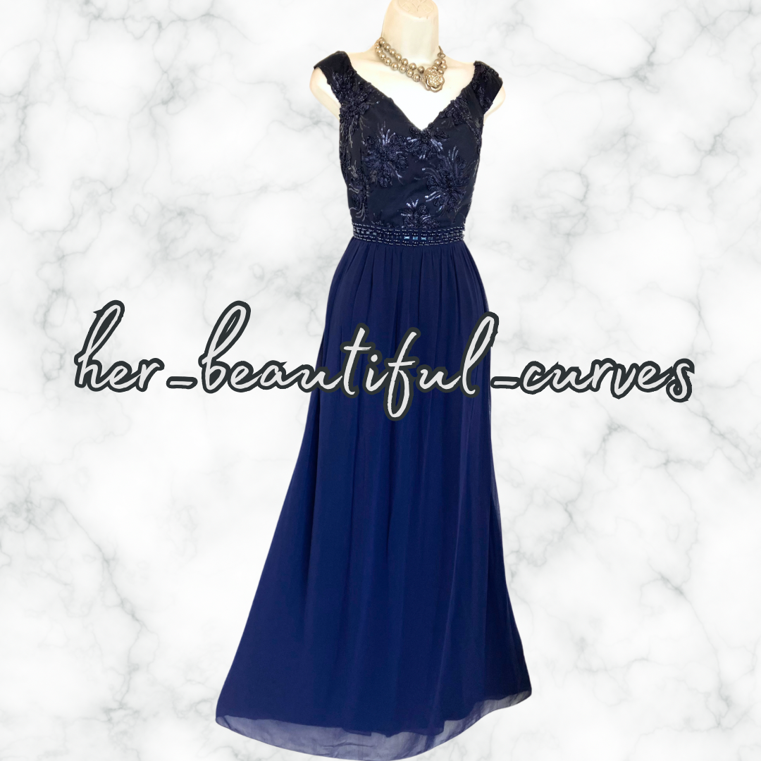 QUIZ NAVY EMBROIDERED SEQUINED MAXI EVENING OCCASION PARTY DRESS SIZE 16