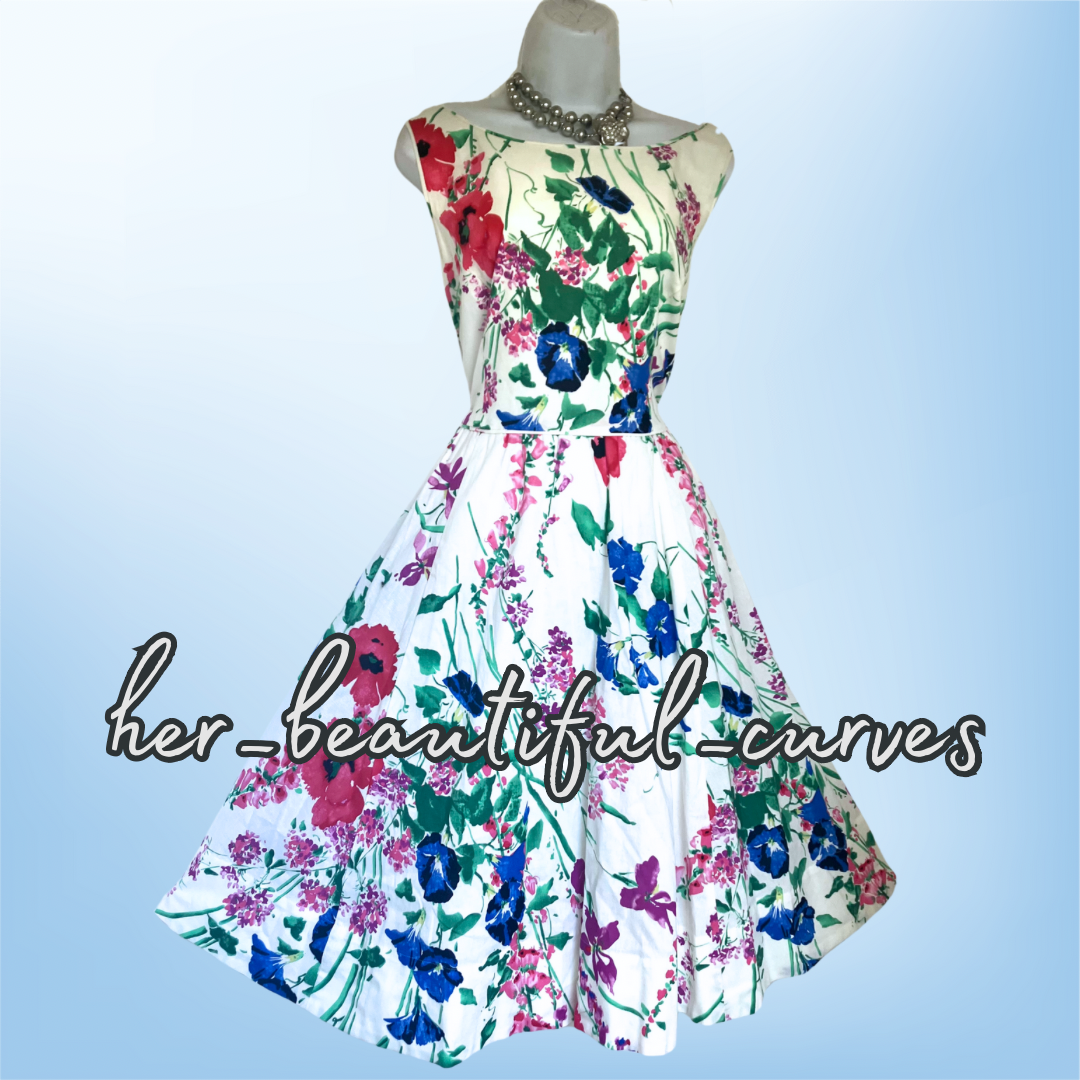 MONSOON FLORAL PRINT 50s FIT & FLARE WEDDING OCCASION PARTY DRESS SIZE 18