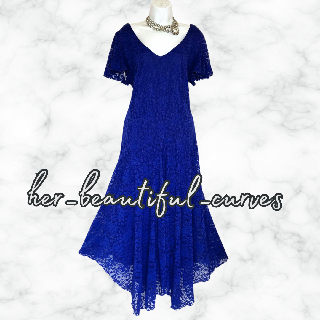 JOANNA HOPE BLUE EMBROIDERED LACE HANDKERCHIEF HEM OCCASION PARTY DRESS SIZE 20
