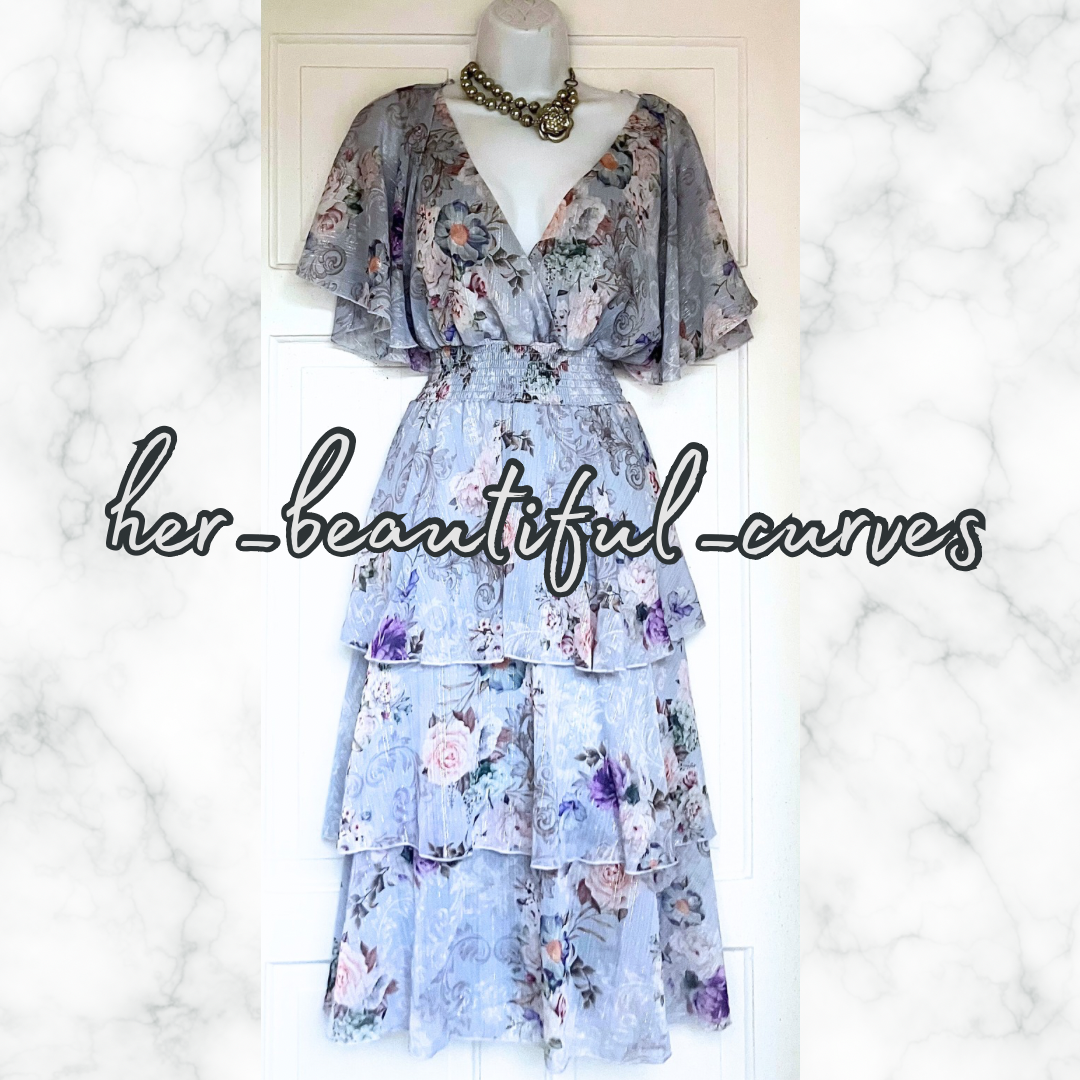 QUIZ FLORAL PRINT GLITTERING THREADS TIERED MIDI OCCASION PARTY DRESS SIZE 14