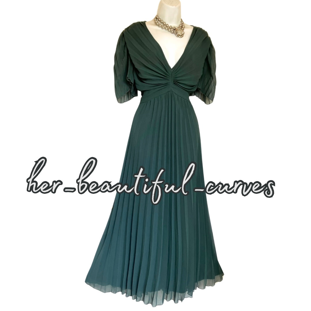 ASOS DARK GREEN PLEATED WEDDING OCCASION PARTY DRESS SIZE 20