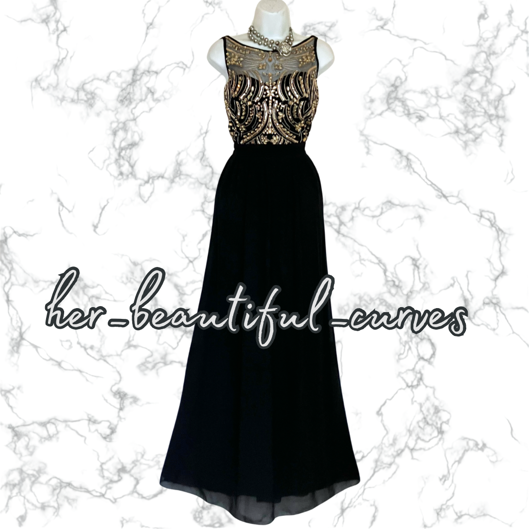 QUIZ RICH BLACK SHIMMERING GOLD EMBROIDERIES & BEADS MAXI EVEING DRESS SIZE 16