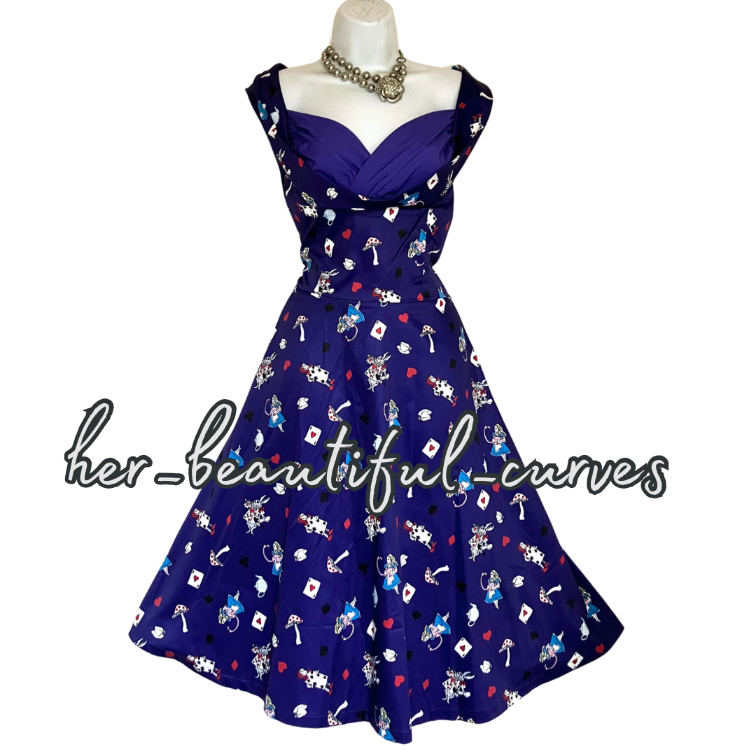 LINDY BOP ALICE IN WONDERLAND 50s VINTAGE STYLE OCCASION PARTY DRESS SIZE 16 NEW