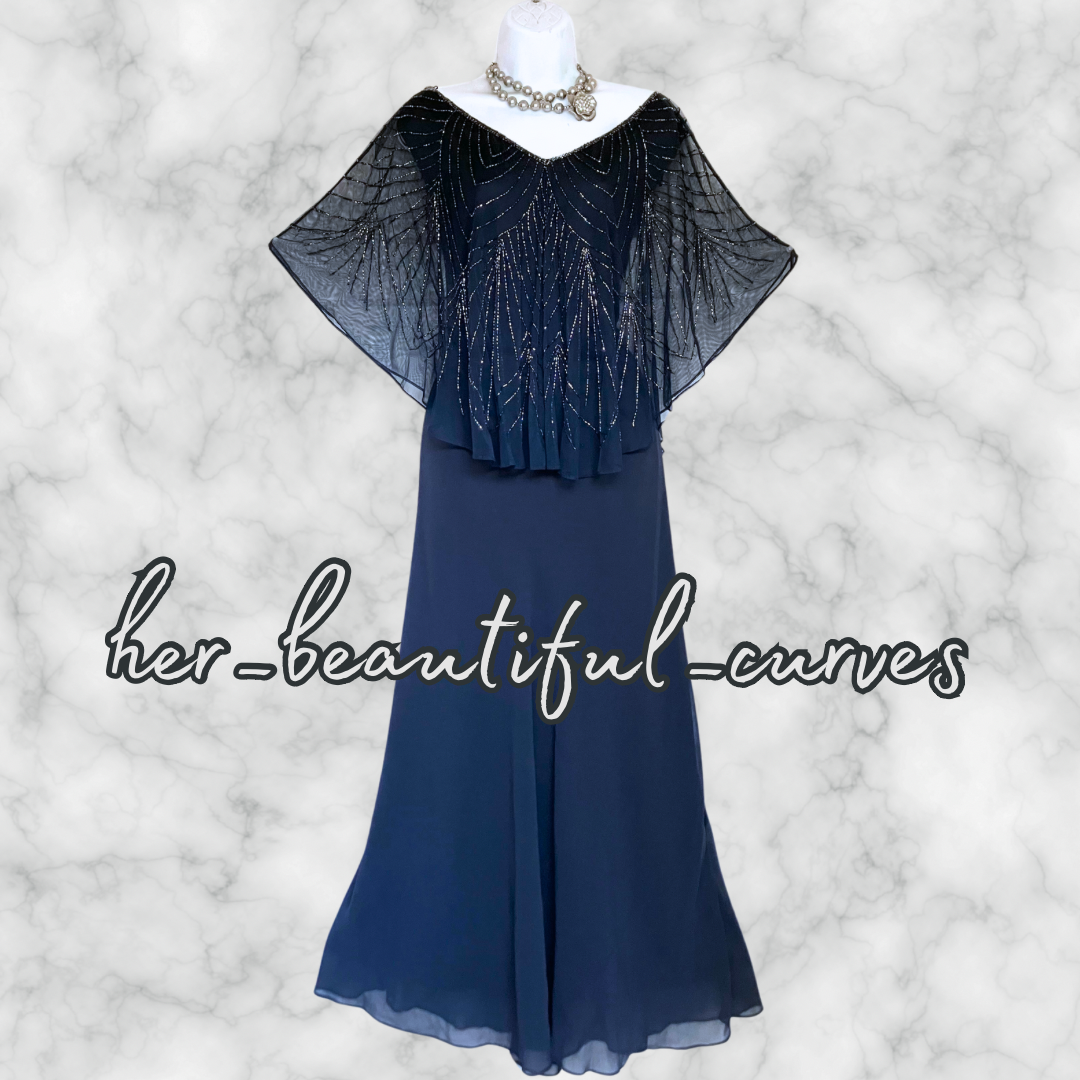 NIGHTINGALES NAVY BEADED WEDDING OCCASION EVENING PARTY DRESS SIZE 22
