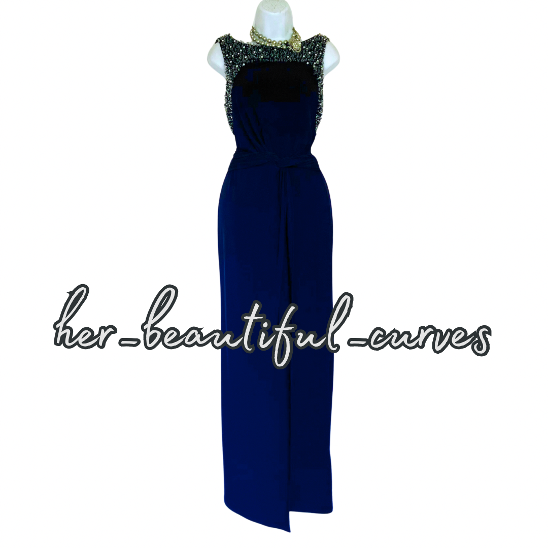 MONSOON BEADED NAVY MAXI JERSEY EVENING OCCASION PARTY DRESS SIZE 12 new
