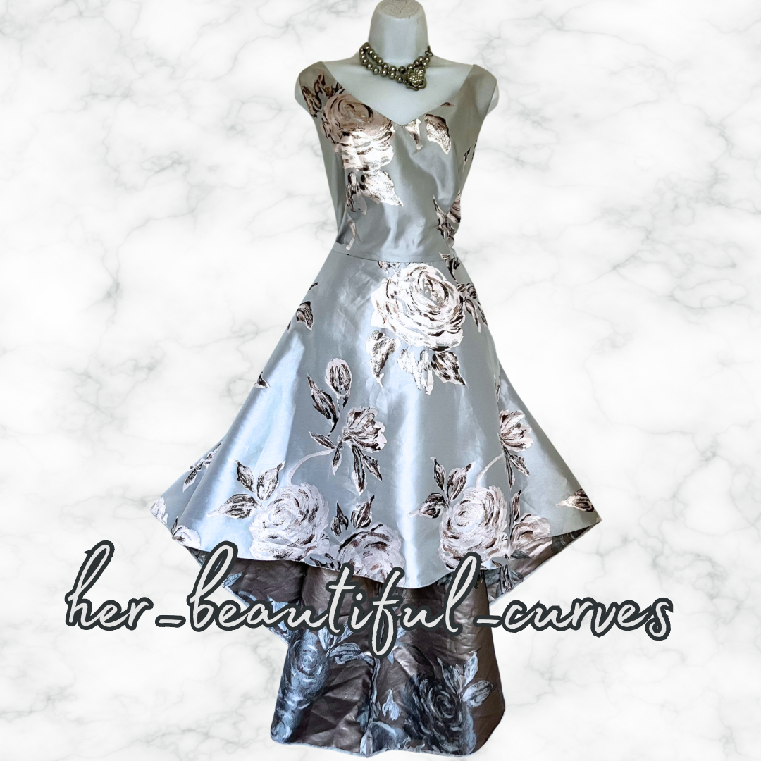 ROMAN JACQUARD FLORAL PATTERN HI LOW WEDDING OCCASION DRESS SIZE 20 (slim 20)