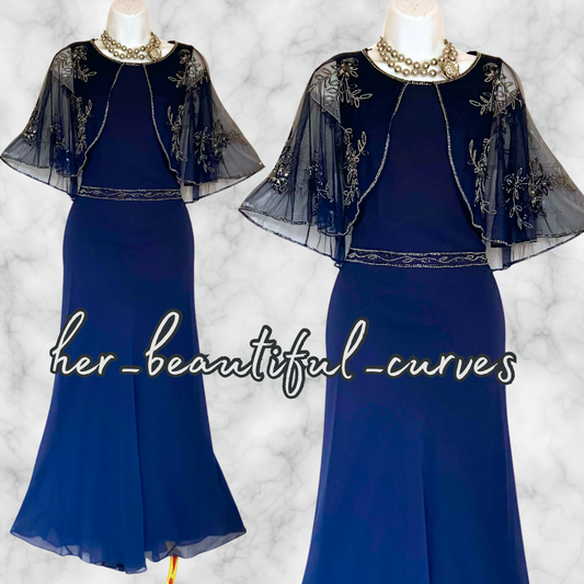 NIGHTINGALES NAVY BEADED EMBELLISHED OCCASION EVENING DRESS SIZE 16 new