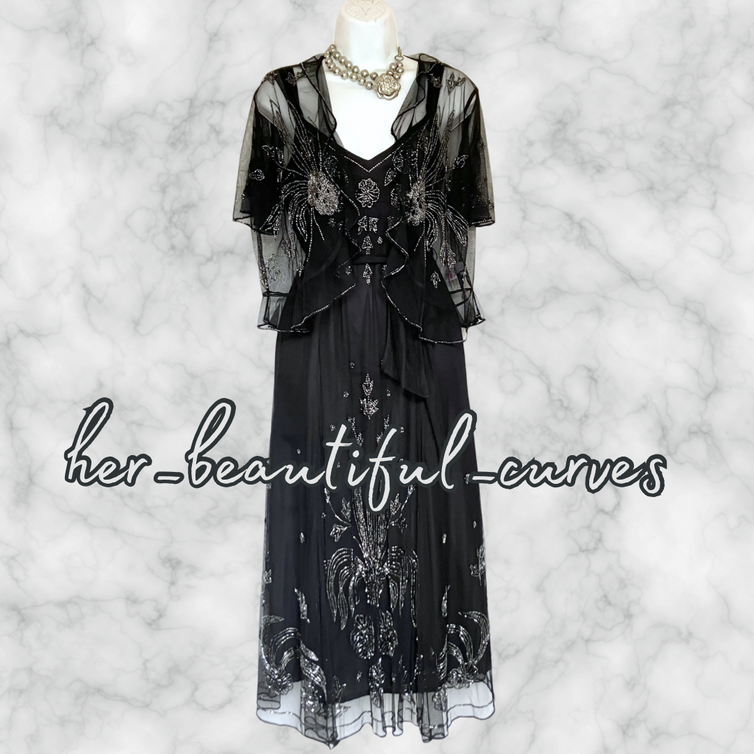 LADIES BLACK BEADED EMBELLISHED OCCASION PARTY DRESS & BOLERO SIZE 16