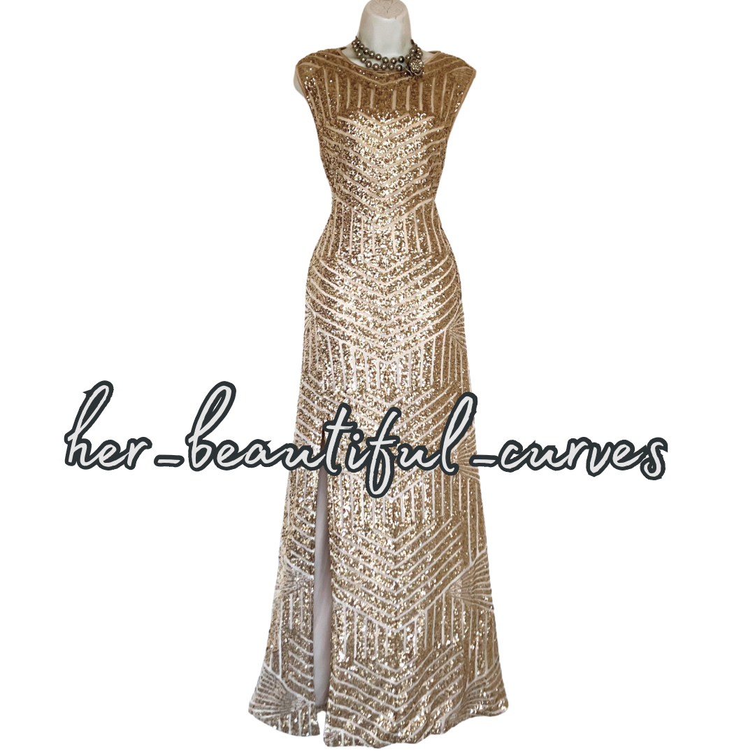 QUIZ SHIMMERING GOLD SEQUINS MAXI EVENING OCCASION PARTY DRESS SIZE 18 fits 16