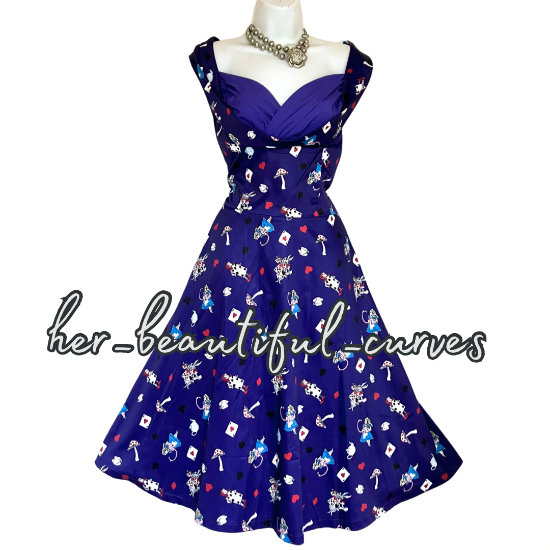 LINDY BOP ALICE IN WONDERLAND 50s VINTAGE STYLE OCCASION PARTY DRESS SIZE 16 NEW