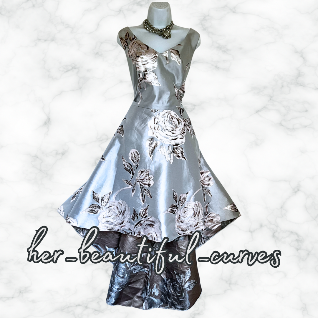 ROMAN JACQUARD FLORAL PATTERN HI LOW WEDDING OCCASION DRESS SIZE 20 (slim 20)