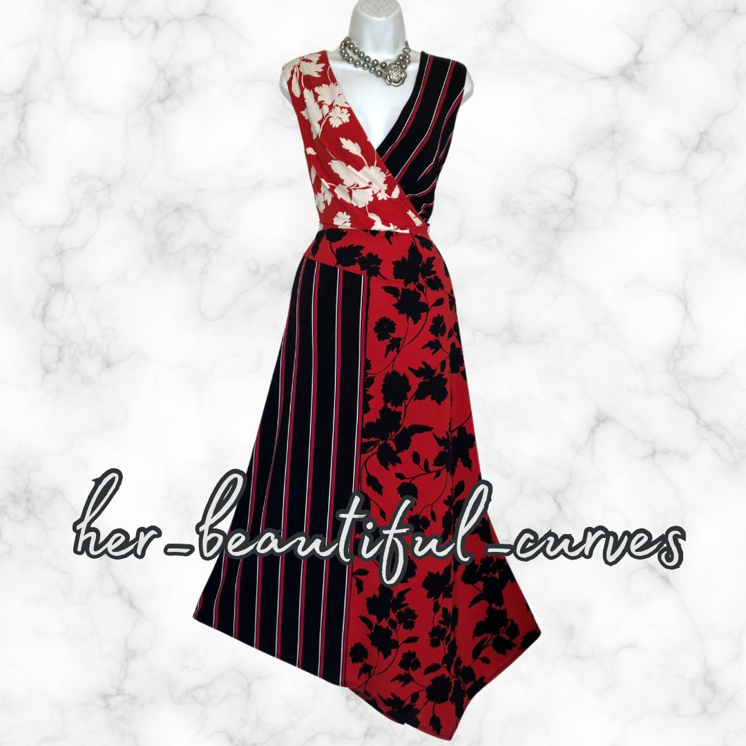 MONSOON FLORAL & STRIPES HANDKERCHIEF HEM JERSEY PARTY DRESS SIZE 20