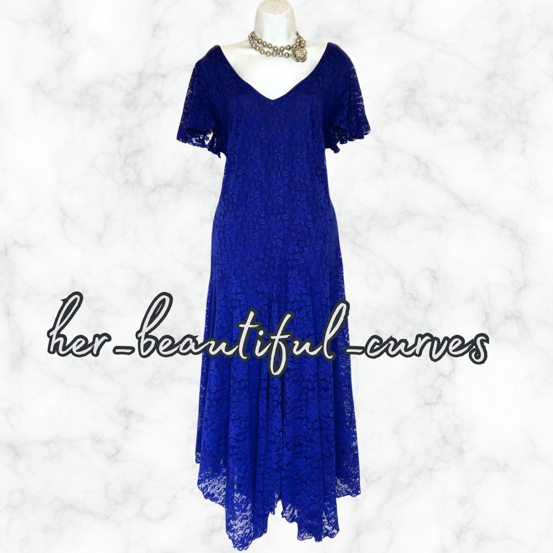 JOANNA HOPE BLUE EMBROIDERED LACE HANDKERCHIEF HEM OCCASION PARTY DRESS SIZE 20