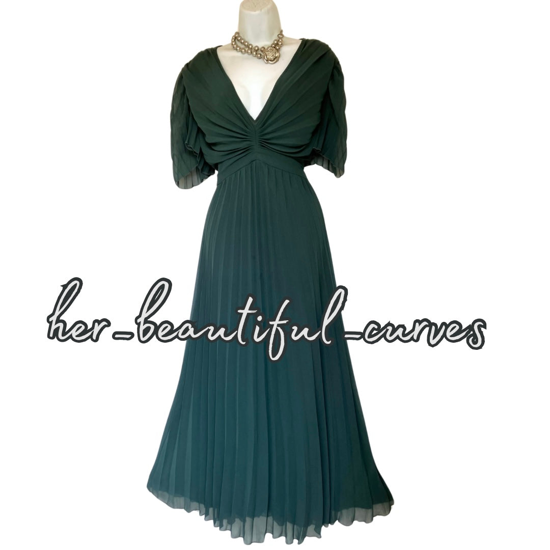 ASOS DARK GREEN PLEATED WEDDING OCCASION PARTY DRESS SIZE 20
