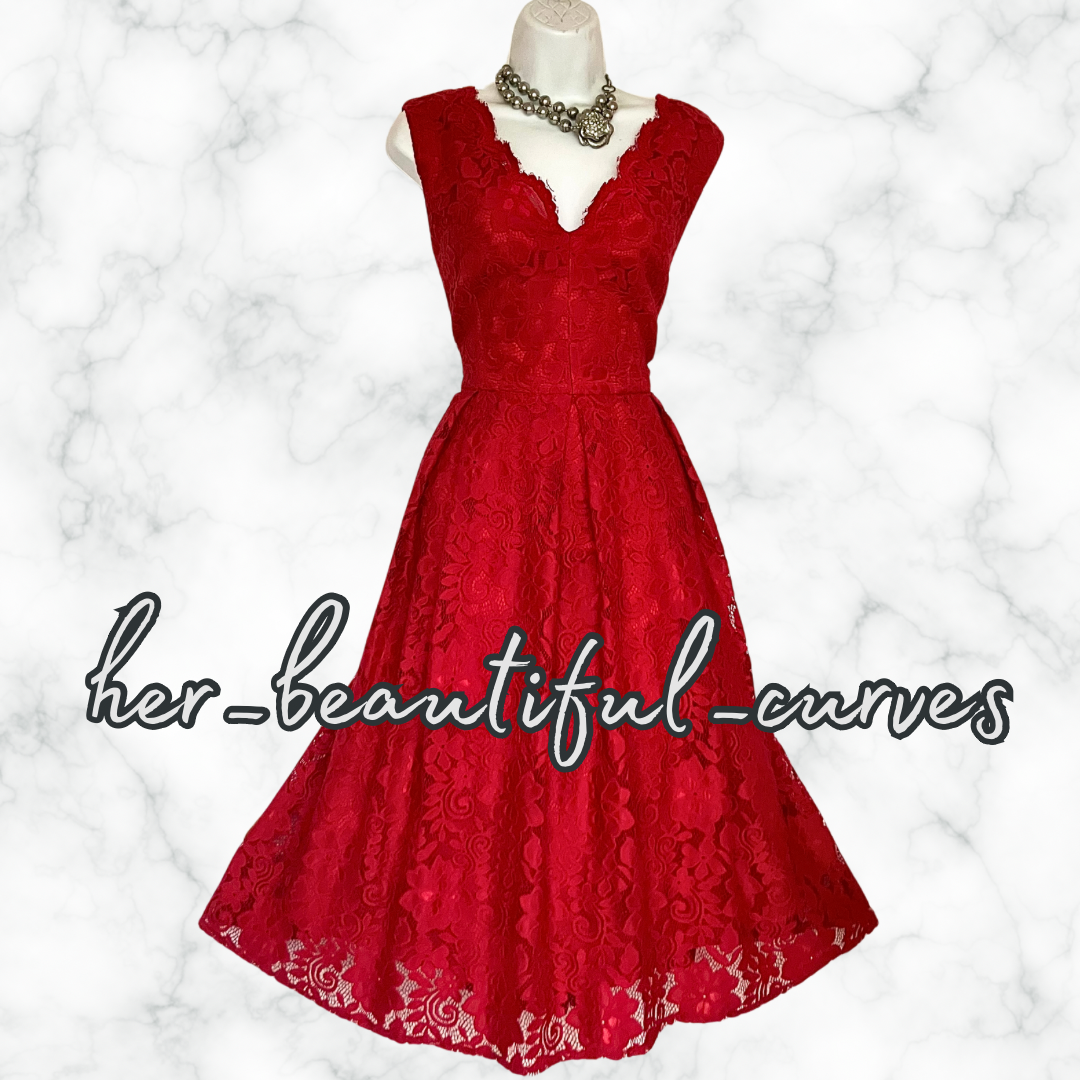 EXQUISITE JOLIE MOI RED APPLIQUÉ BLOOMS 50's STYLE FLARED PARTY DRESS SIZE 18