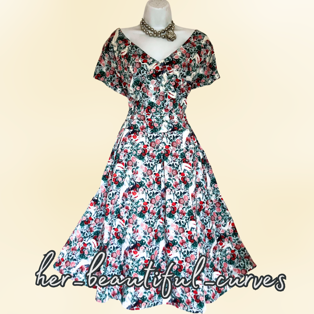 JOE BROWNS CRANE & FLORAL PRINT 50s FIT & FLARE PARTY DRESS SIZE 24