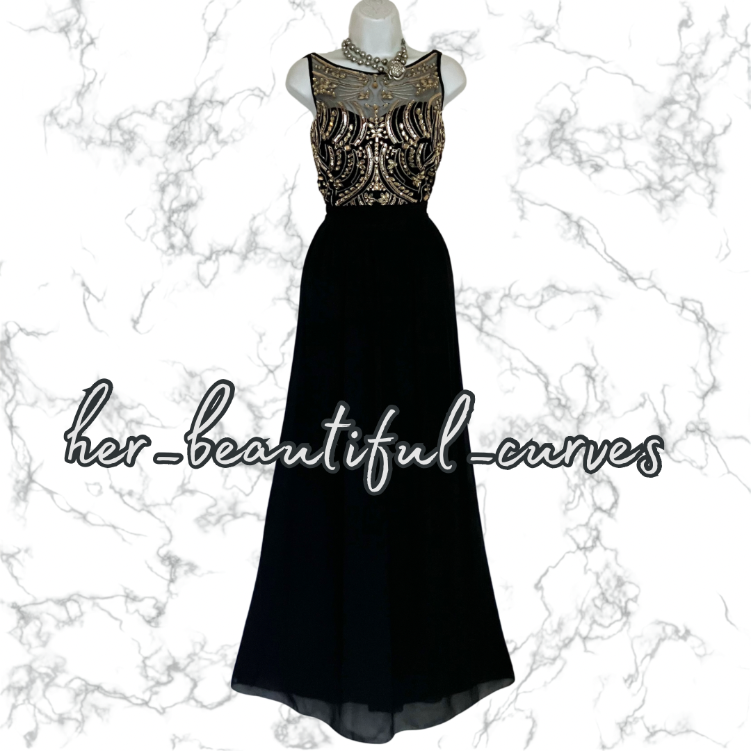 QUIZ RICH BLACK SHIMMERING GOLD EMBROIDERIES & BEADS MAXI EVEING DRESS SIZE 16