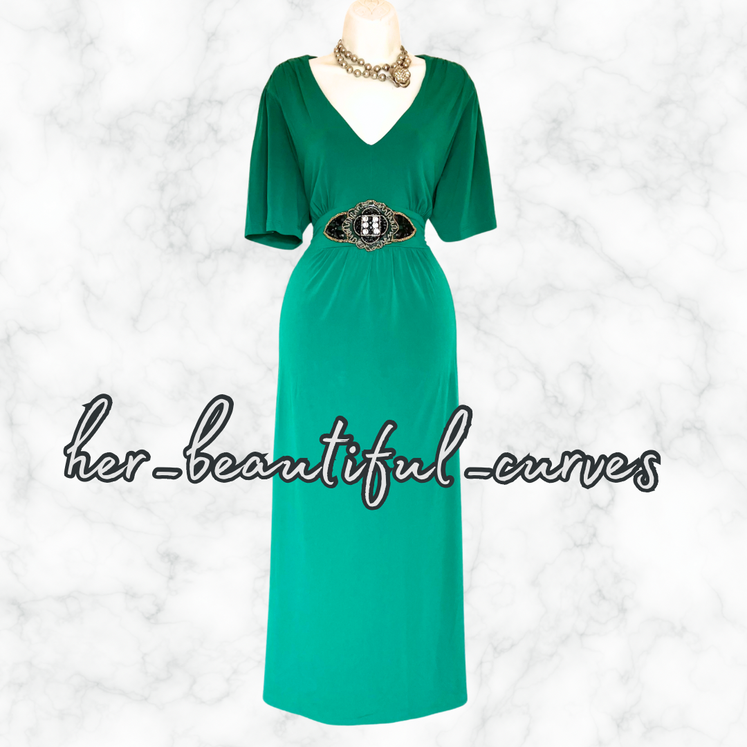 LILLY & ROSE BEADS GREEN JERSEY WEDDING OCCASION EVENING PARTY DRESS SIZE 18 new