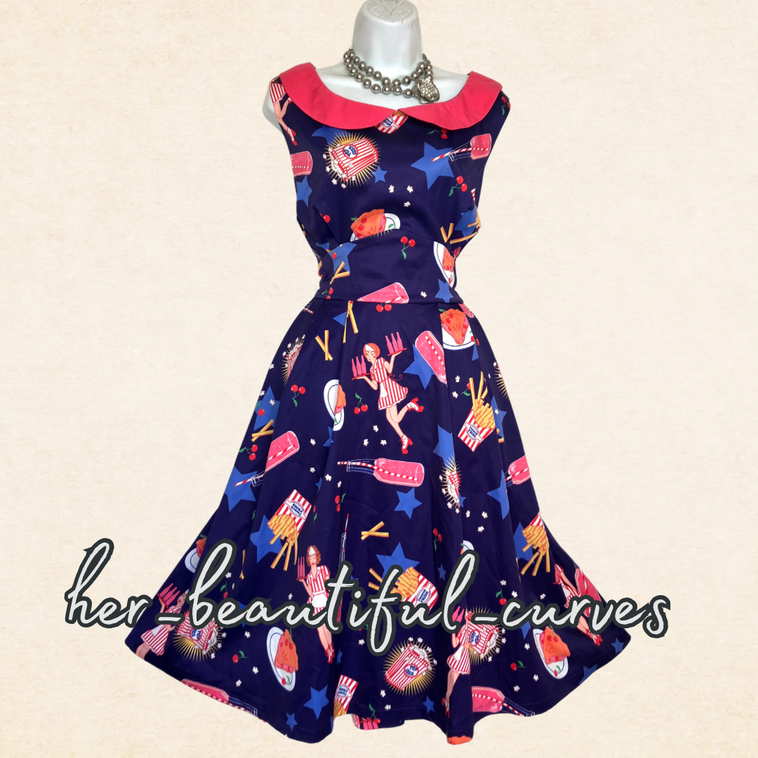 LINDY BOP CUTE DINER THEME PATTERN WEDDING OCCASION PARTY DRESS SIZE 16