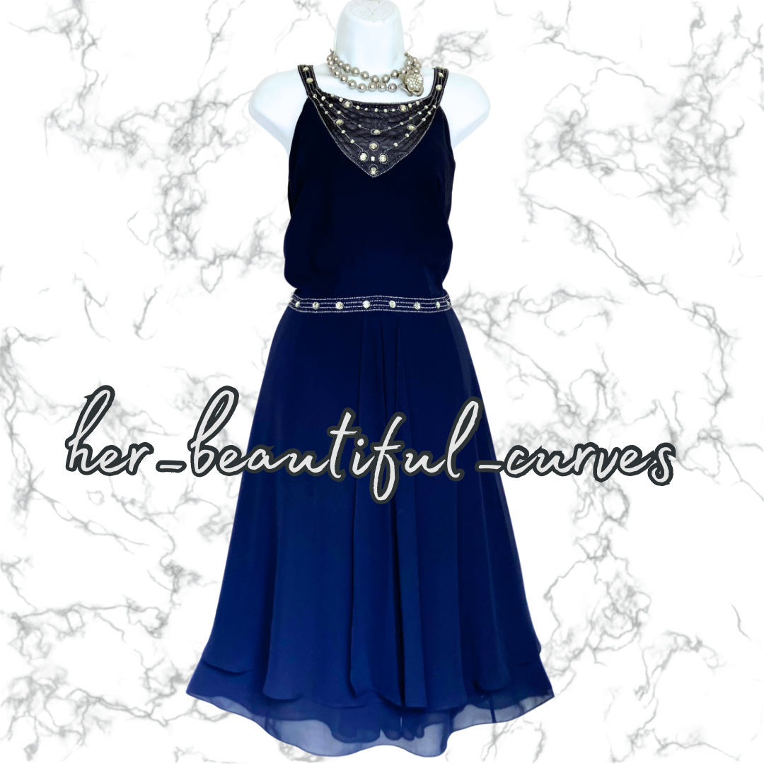 MONSOON BEADED NAVY OCCASION PARTY DRESS SIZE 22