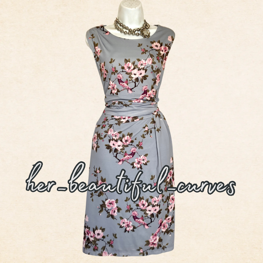 LAURA ASHLEY BIRDS & FLORAL JERSEY WEDDING OCCASION PARTY DRESS SIZE 16