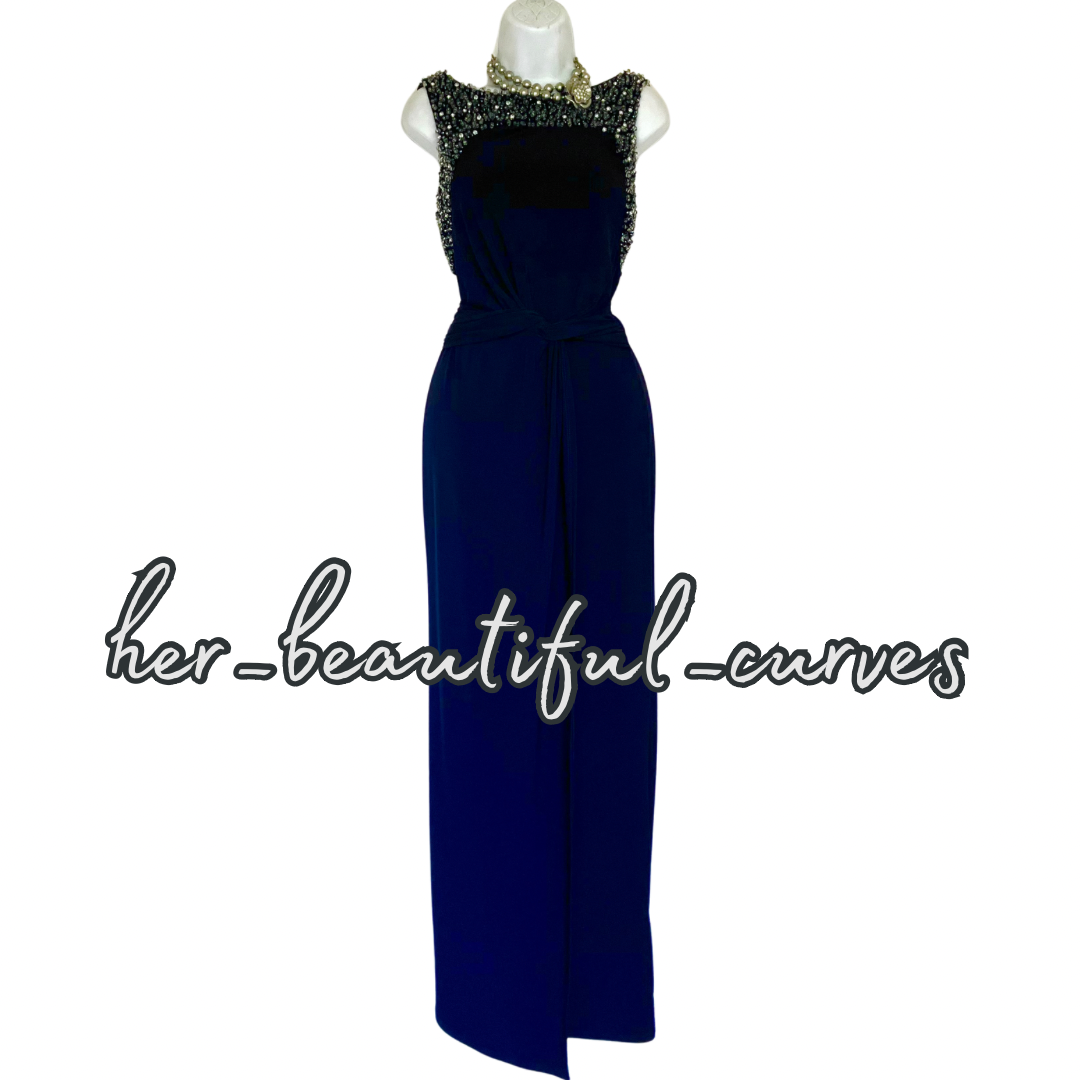 MONSOON BEADED NAVY MAXI JERSEY EVENING OCCASION PARTY DRESS SIZE 12 new