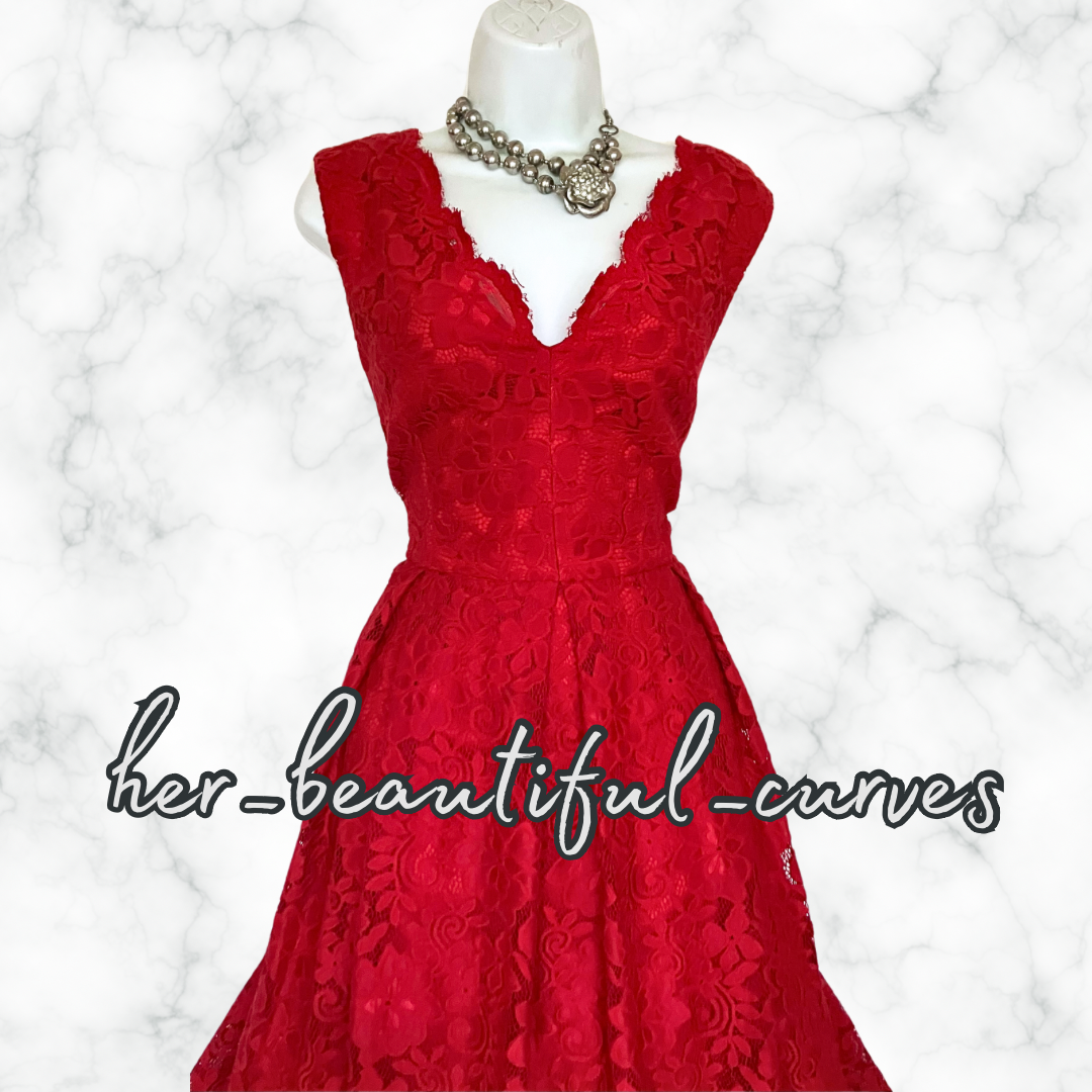 EXQUISITE JOLIE MOI RED APPLIQUÉ BLOOMS 50's STYLE FLARED PARTY DRESS SIZE 18