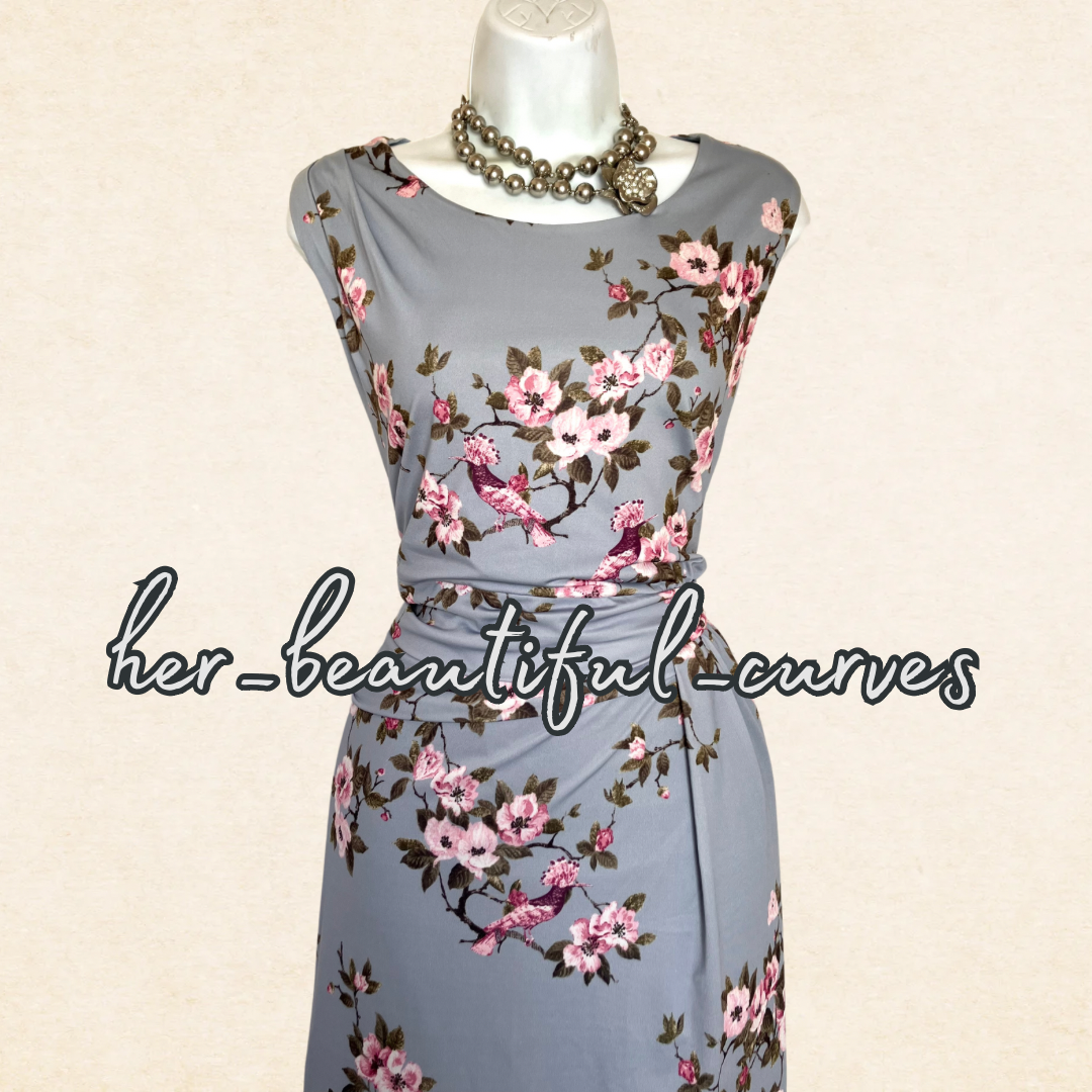 LAURA ASHLEY BIRDS & FLORAL JERSEY WEDDING OCCASION PARTY DRESS SIZE 16