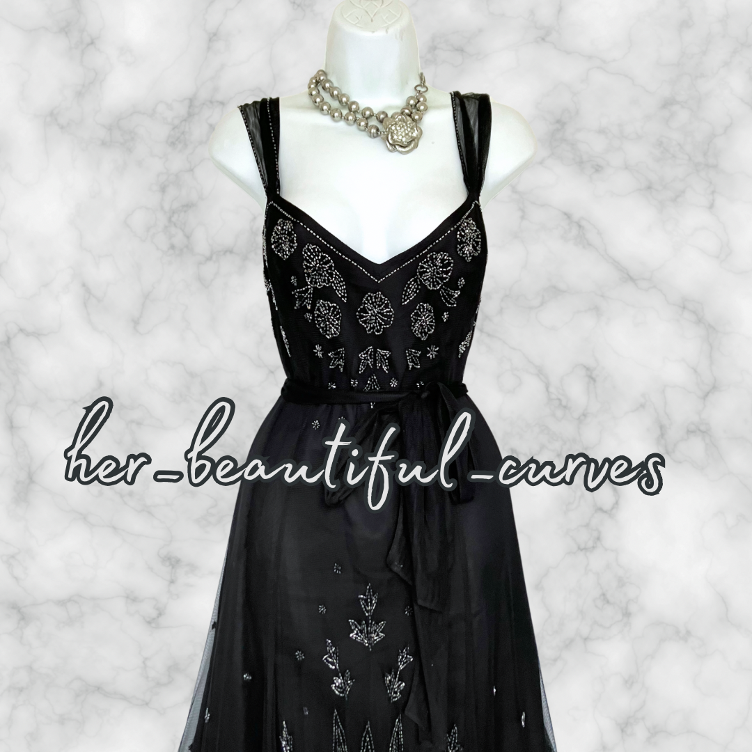 LADIES BLACK BEADED EMBELLISHED OCCASION PARTY DRESS & BOLERO SIZE 16