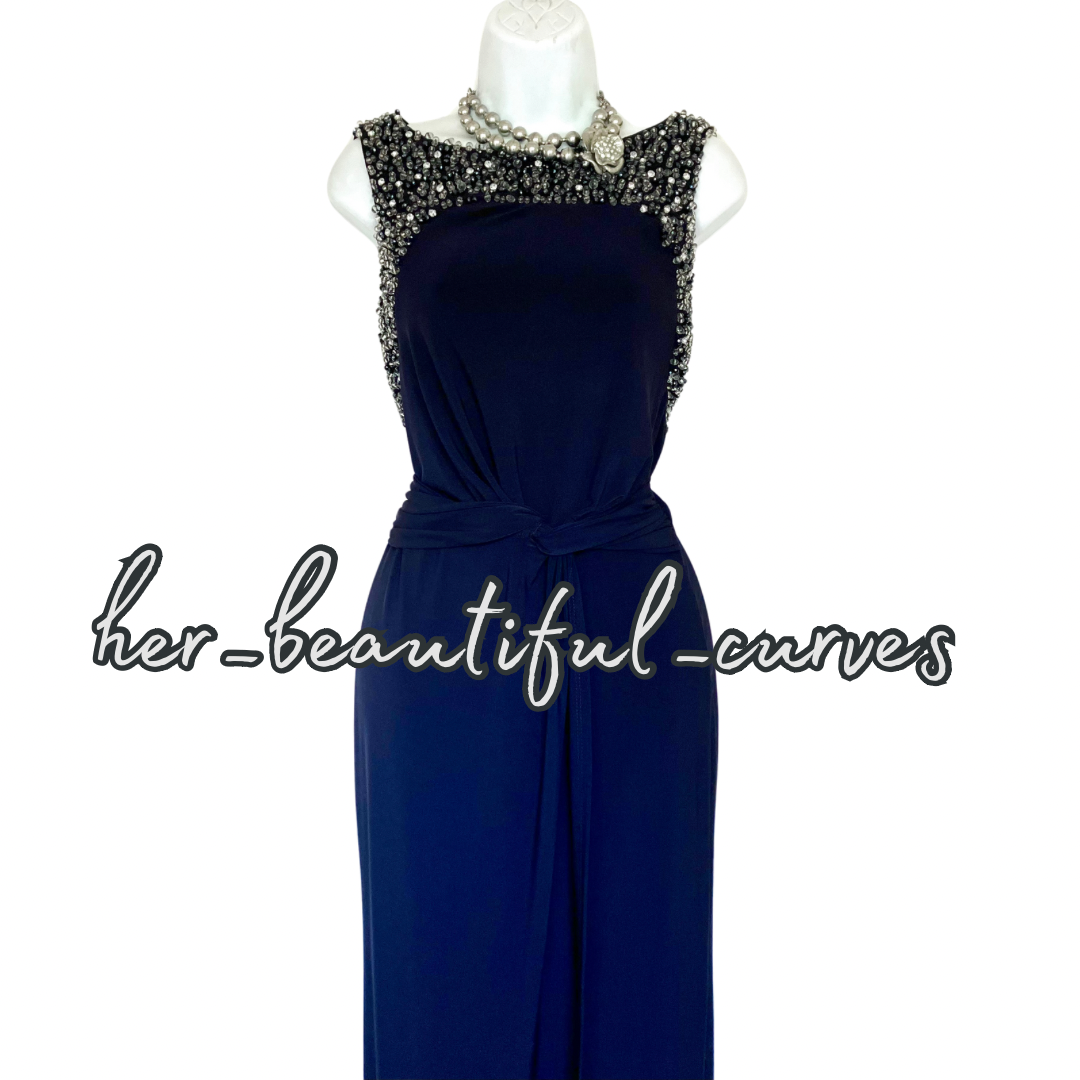 MONSOON BEADED NAVY MAXI JERSEY EVENING OCCASION PARTY DRESS SIZE 12 new