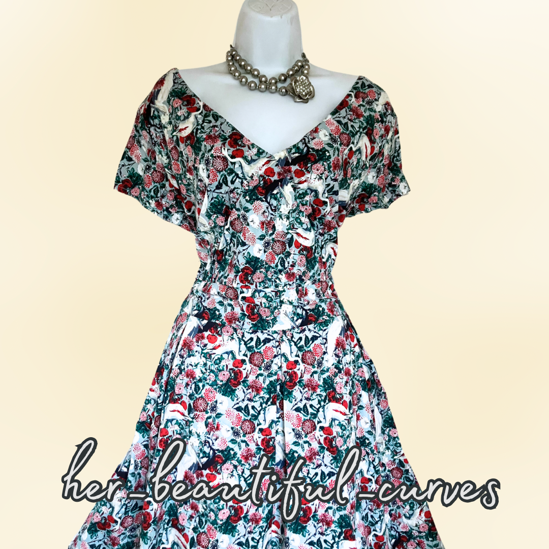 JOE BROWNS CRANE & FLORAL PRINT 50s FIT & FLARE PARTY DRESS SIZE 24