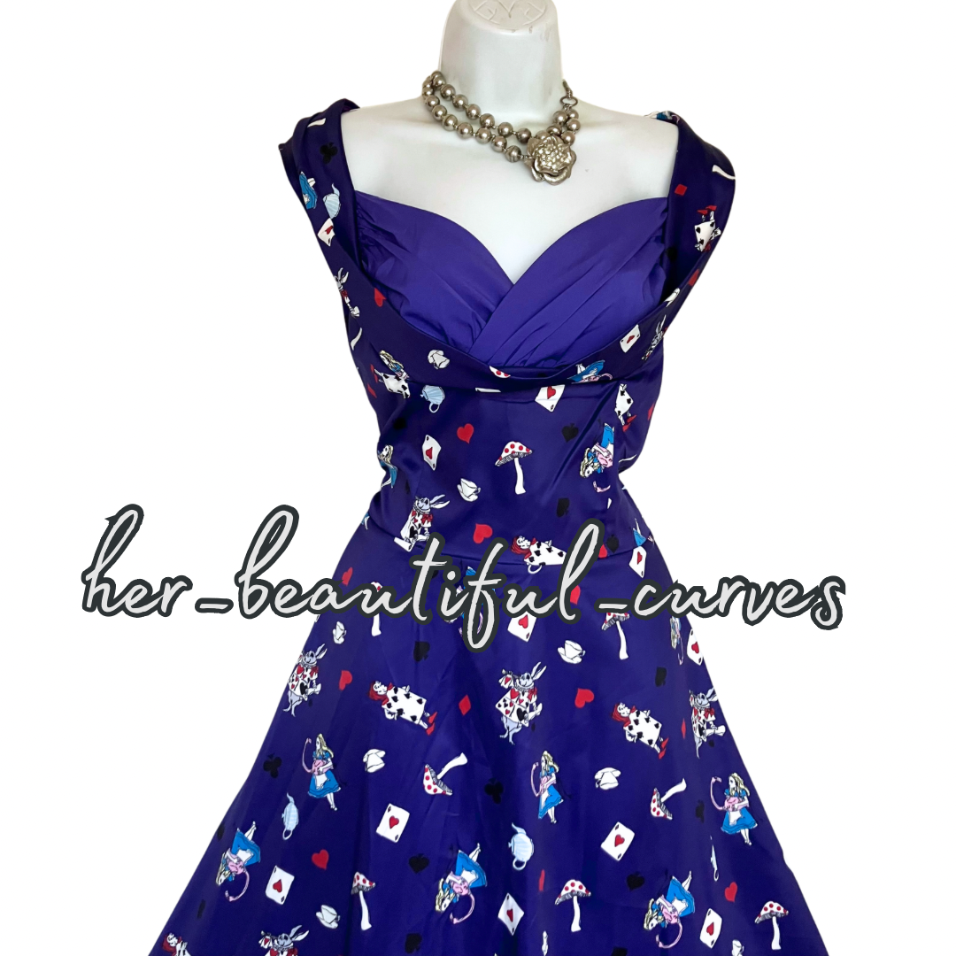 LINDY BOP ALICE IN WONDERLAND 50s VINTAGE STYLE OCCASION PARTY DRESS SIZE 16 NEW