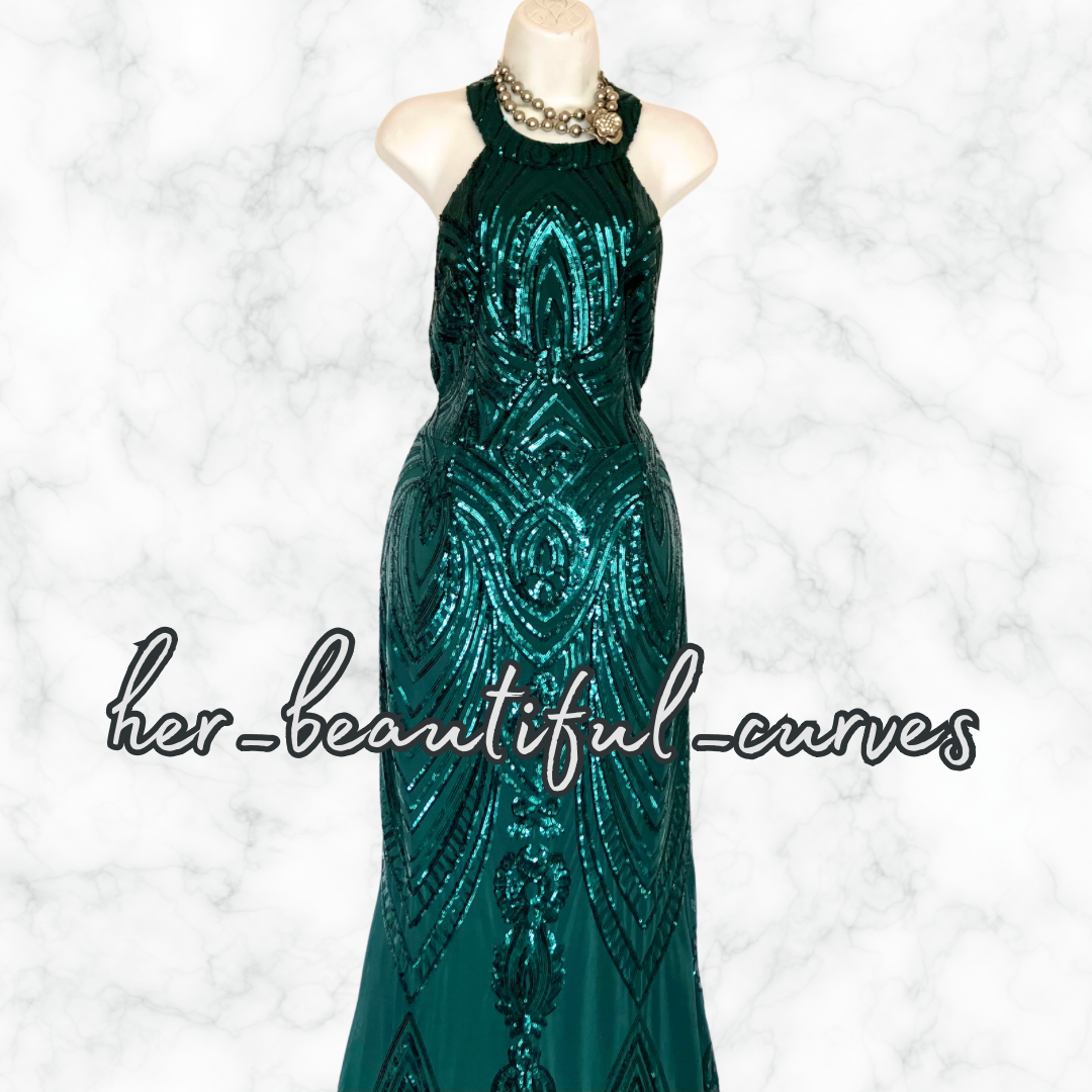 QUIZ GREEN SEQUINS FLOOR LENGTH WEDDING OCCASION EVENING PARTY DRESS SIZE 14