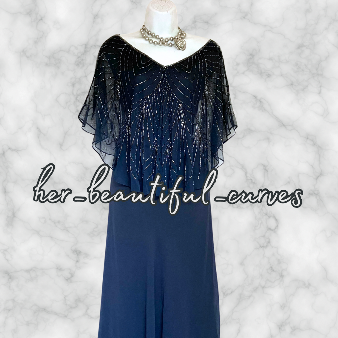 NIGHTINGALES NAVY BEADED WEDDING OCCASION EVENING PARTY DRESS SIZE 22
